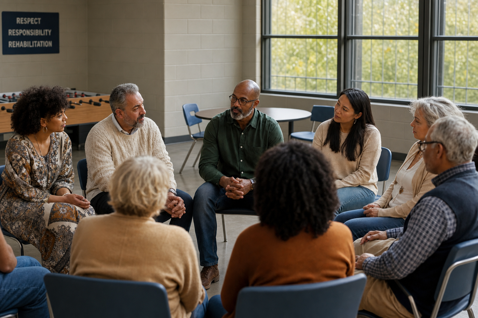 Diverse Support Group in Prison Rec Room